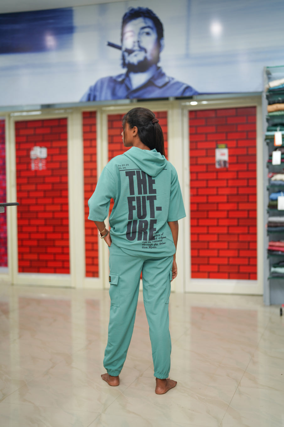 Unisex Five Sleeve FUTURE Printed Hoodie and Cargo Pant Co-ord Set for Men&women- Light Green