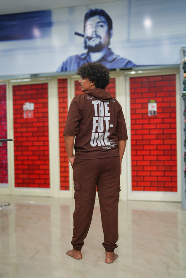 Unisex Five Sleeve FUTURE Printed Hoodie and Cargo Pant Co-ord Set for Men&women - Chocolate Brown