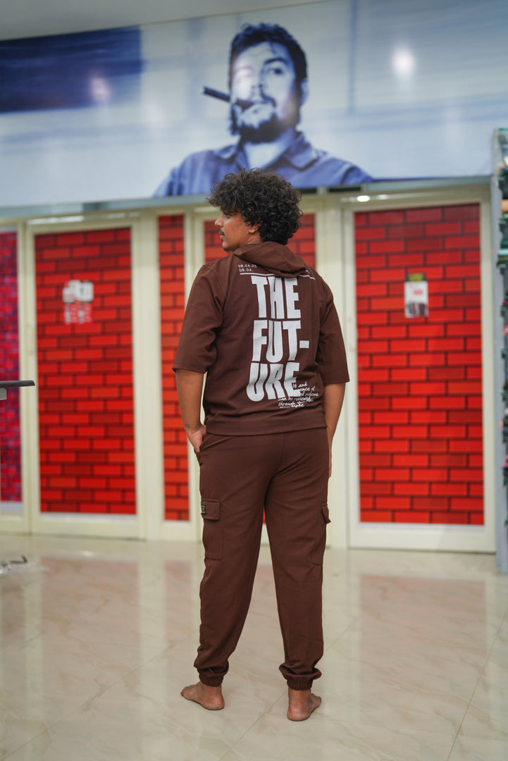 Unisex Five Sleeve FUTURE Printed Hoodie and Cargo Pant Co-ord Set for Men&women - Chocolate Brown
