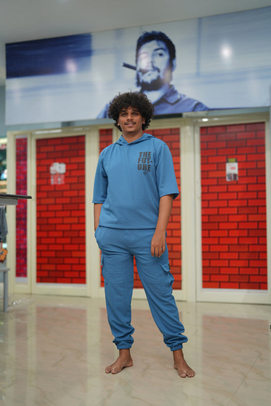 Unisex Five Sleeve FUTURE Printed Hoodie and Cargo Pant Co-ord Set for Men&women- Dark Denim Blue