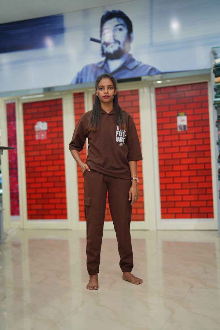 Unisex Five Sleeve FUTURE Printed Hoodie and Cargo Pant Co-ord Set for Men&women - Chocolate Brown