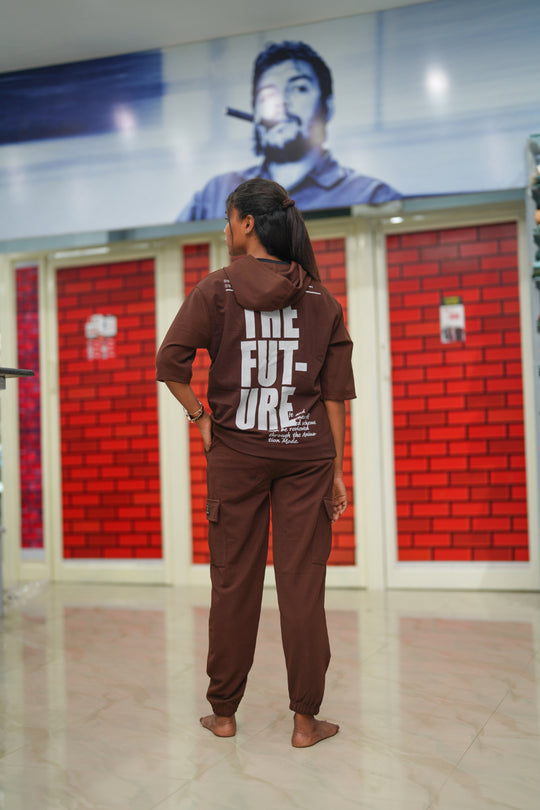 Unisex Five Sleeve FUTURE Printed Hoodie and Cargo Pant Co-ord Set for Men&women - Chocolate Brown – alternate view – 7MAN India
