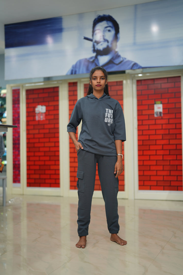 Unisex Five Sleeve FUTURE Printed Hoodie and Cargo Pant Co-ord Set for Men&women-grey
