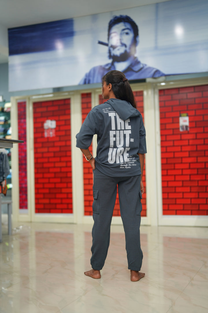Unisex Five Sleeve FUTURE Printed Hoodie and Cargo Pant Co-ord Set for Men&women-grey