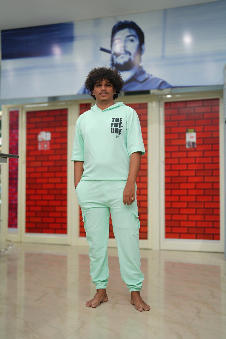 Unisex Five Sleeve FUTURE Printed Hoodie and Cargo Pant Co-ord Set for Men&women- Aqua Green