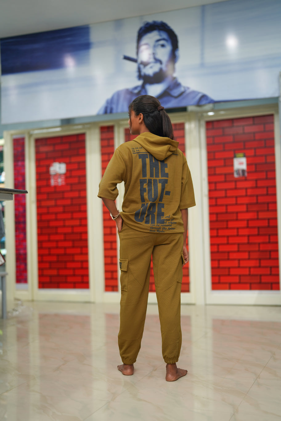 Unisex Five Sleeve FUTURE Printed Hoodie and Cargo Pant Co-ord Set for Men & women- Khaki