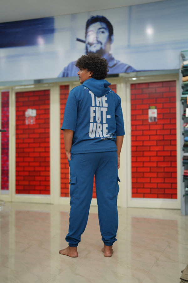 Unisex Five Sleeve FUTURE Printed Hoodie and Cargo Pant Co-ord Set for Men&women-Petrol Blue
