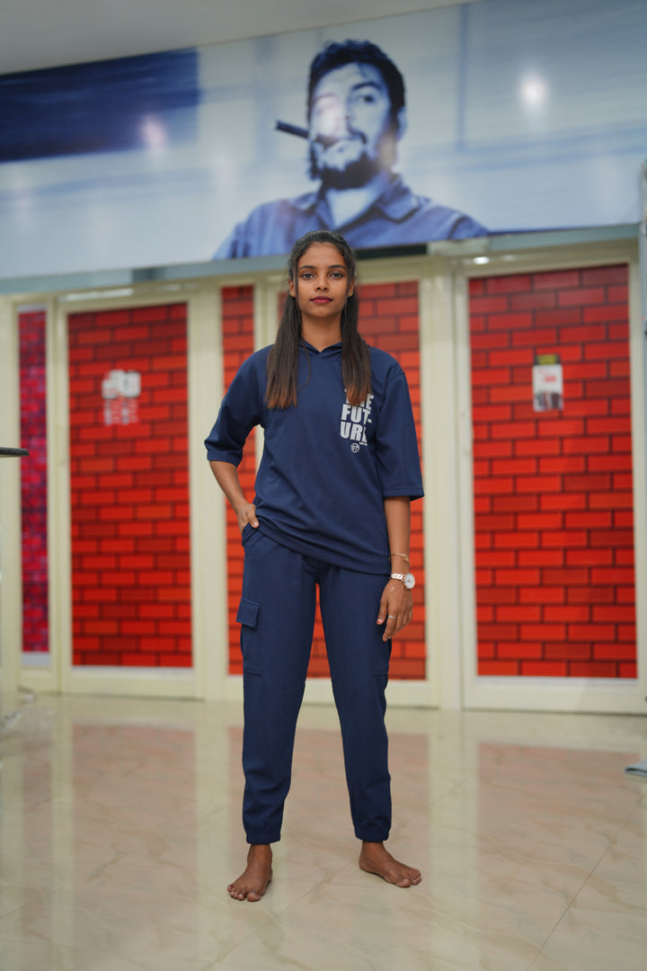 Unisex Five Sleeve FUTURE Printed Hoodie and Cargo Pant Co-ord Set for Men&women- Navy Blue