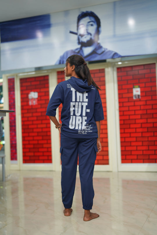 Unisex Five Sleeve FUTURE Printed Hoodie and Cargo Pant Co-ord Set for Men&women- Navy Blue – alternate view – 7MAN India