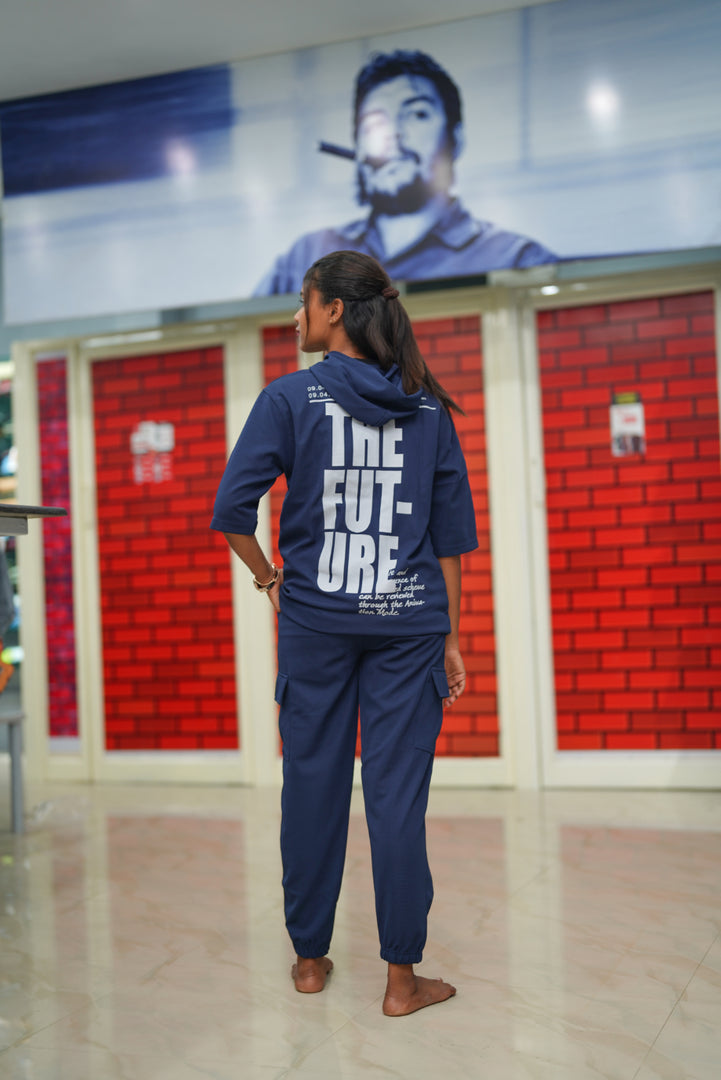 Unisex Five Sleeve FUTURE Printed Hoodie and Cargo Pant Co-ord Set for Men&women- Navy Blue