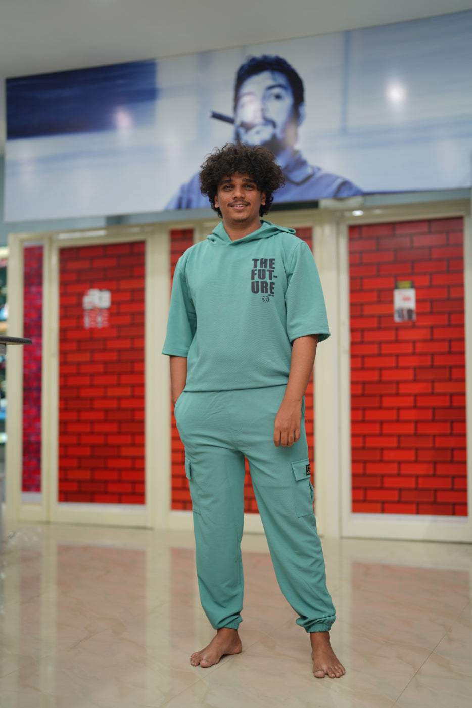 Unisex Five Sleeve FUTURE Printed Hoodie and Cargo Pant Co-ord Set for Men&women- Light Green