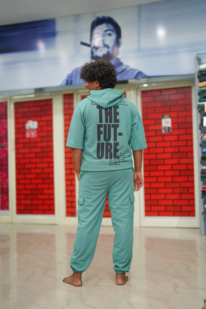 Unisex Five Sleeve FUTURE Printed Hoodie and Cargo Pant Coord Set for Menwomen Light Green mens trending streetwear India 7Man