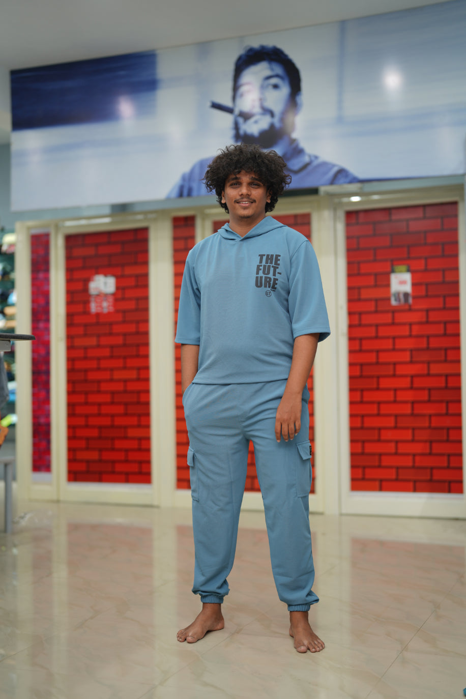 Unisex Five Sleeve FUTURE Printed Hoodie and Cargo Pant Co-ord Set for Men&women- Light Denim Blue