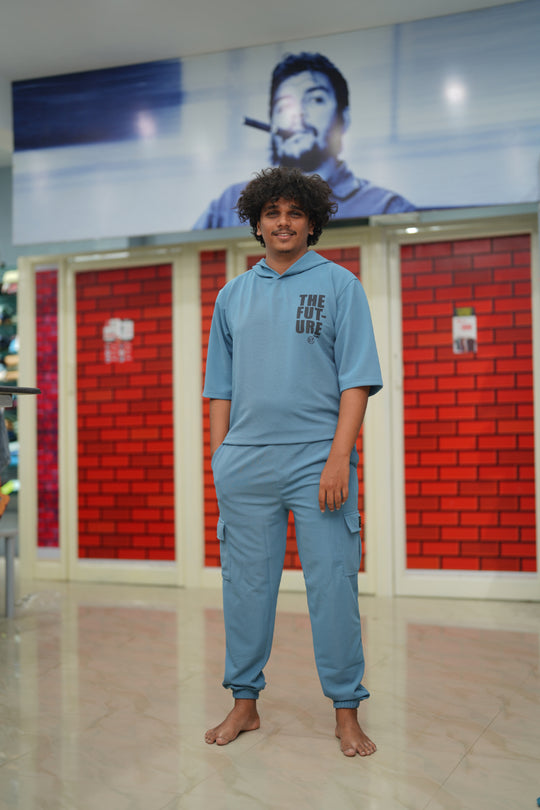 Unisex Five Sleeve FUTURE Printed Hoodie and Cargo Pant Co-ord Set for Men&women- Light Denim Blue – alternate view – 7MAN India