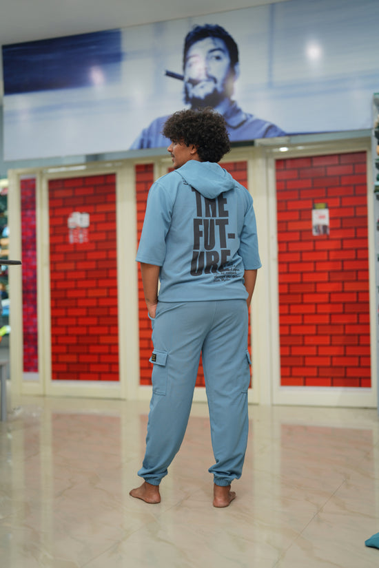 Unisex Five Sleeve FUTURE Printed Hoodie and Cargo Pant Co-ord Set for Men&women- Light Denim Blue
