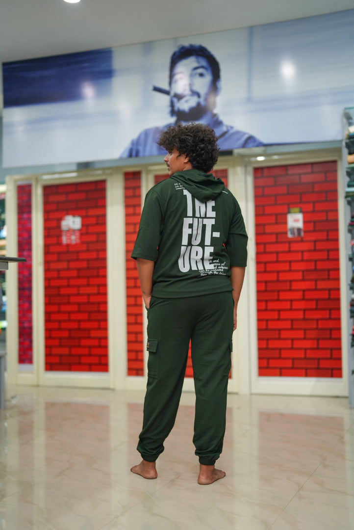 Unisex Five Sleeve FUTURE Printed Hoodie and Cargo Pant Co-ord Set for Men&women-Mahendhi green