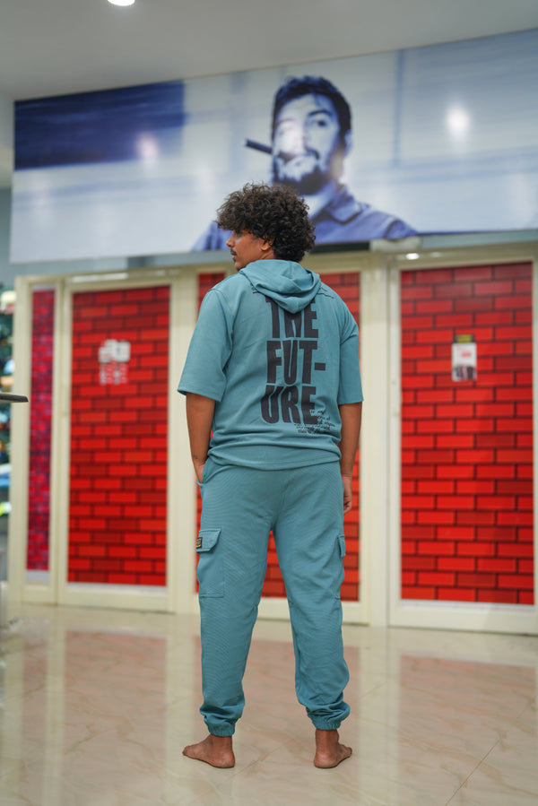 Unisex Five Sleeve FUTURE Printed Hoodie and Cargo Pant Co-ord Set for Men&women- Ramar Blue