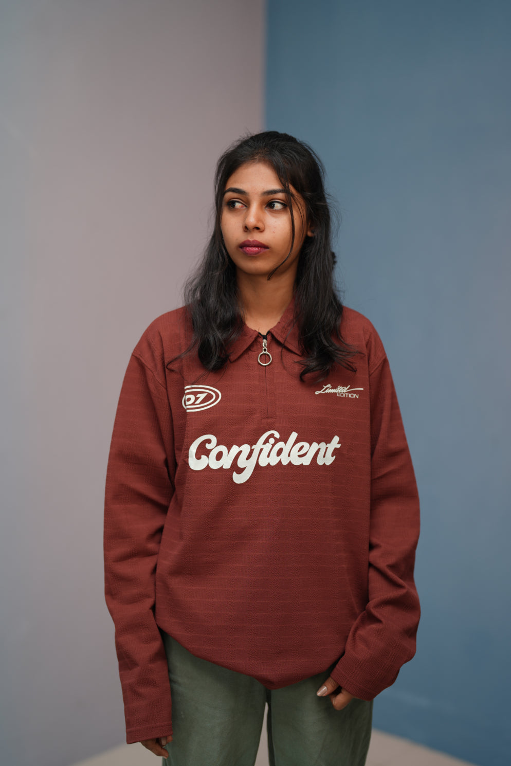 Unisex Full Sleeve Korean Zipper CONFIDENT Printed Tshirt - Chocolate brown