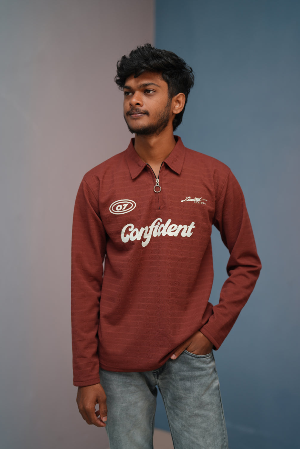 Unisex Full Sleeve Korean Zipper CONFIDENT Printed Tshirt - Chocolate brown