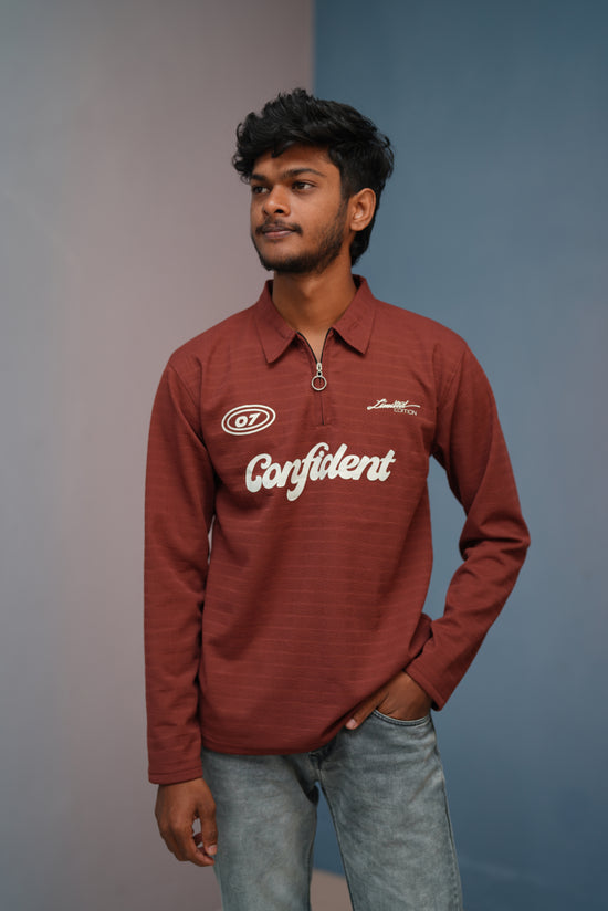 Unisex Full Sleeve Korean Zipper CONFIDENT Printed Tshirt - Chocolate brown