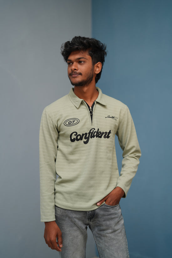 Unisex Full Sleeve Korean Zipper CONFIDENT Printed Tshirt - Pista Green