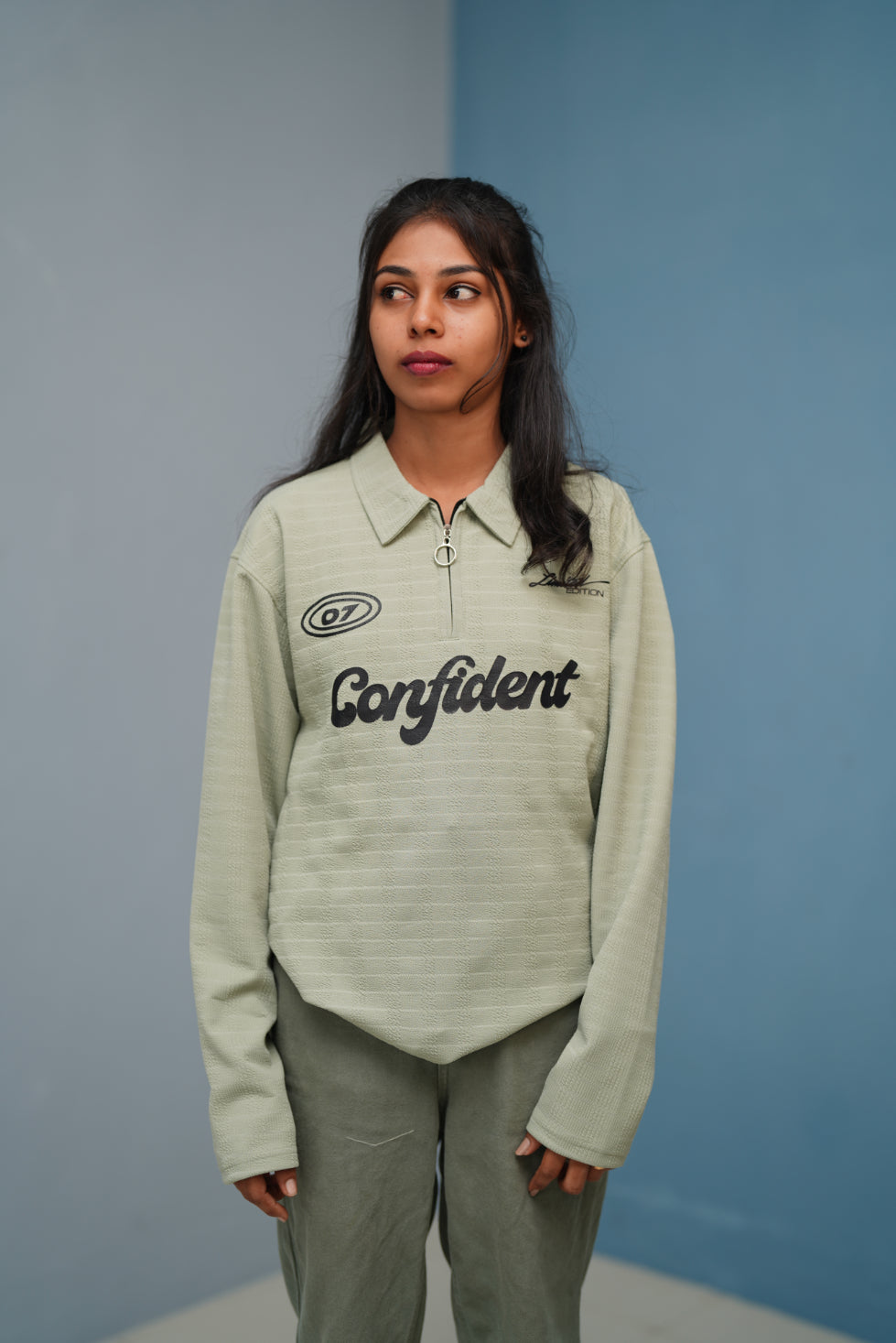 Unisex Full Sleeve Korean Zipper CONFIDENT Printed Tshirt - Pista Green