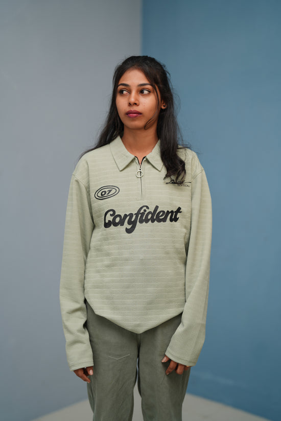 Unisex Full Sleeve Korean Zipper CONFIDENT Printed Tshirt - Pista Green