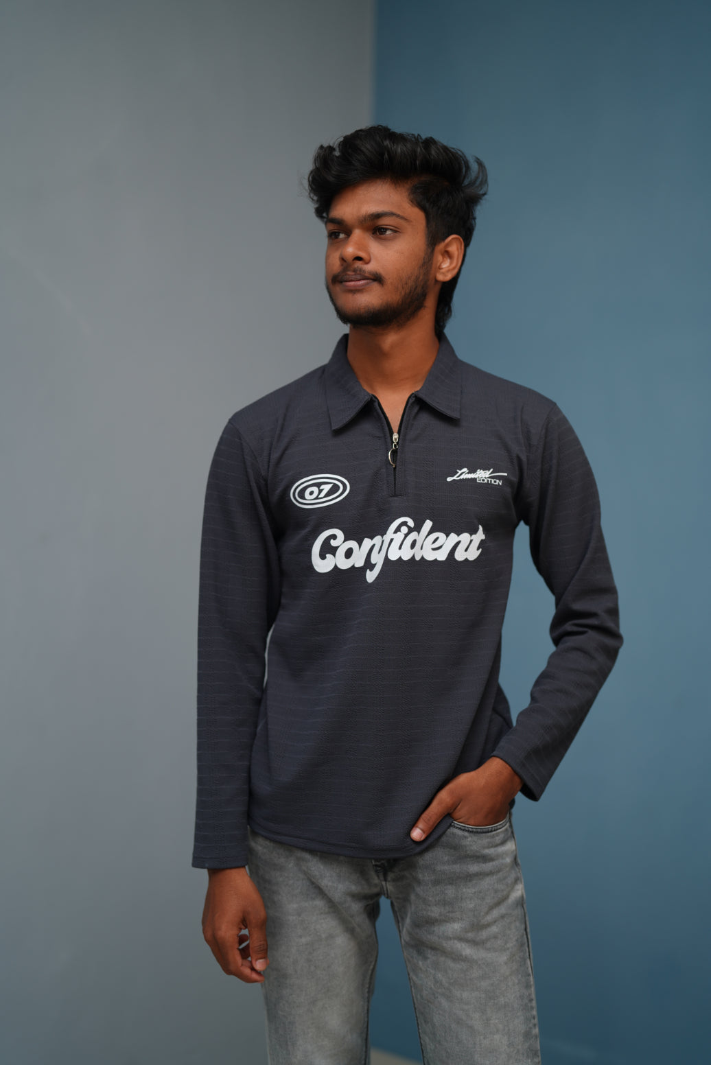 Unisex Full Sleeve Korean Zipper CONFIDENT Printed Tshirt - Grey