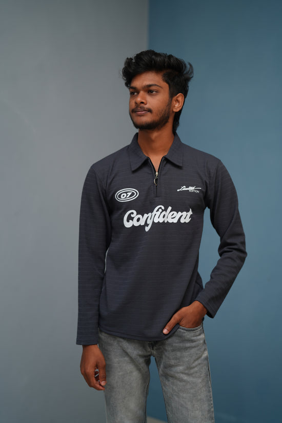 Unisex Full Sleeve Korean Zipper CONFIDENT Printed Tshirt - Grey