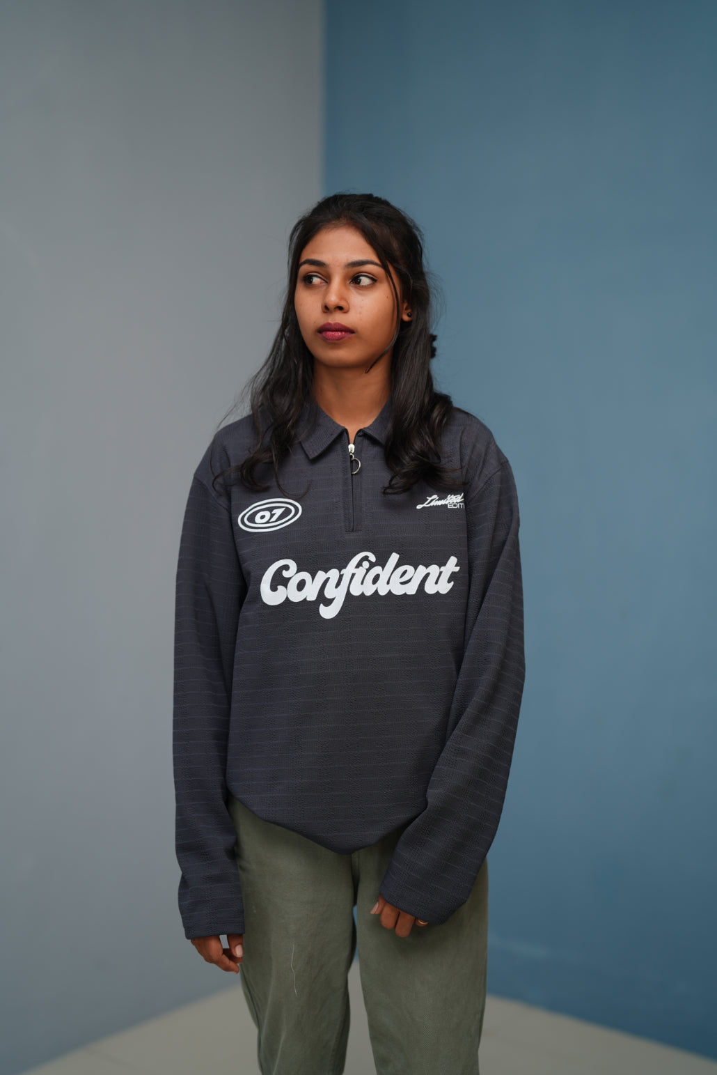 Unisex Full Sleeve Korean Zipper CONFIDENT Printed Tshirt - Grey