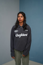Unisex Full Sleeve Korean Zipper CONFIDENT Printed Tshirt - Grey