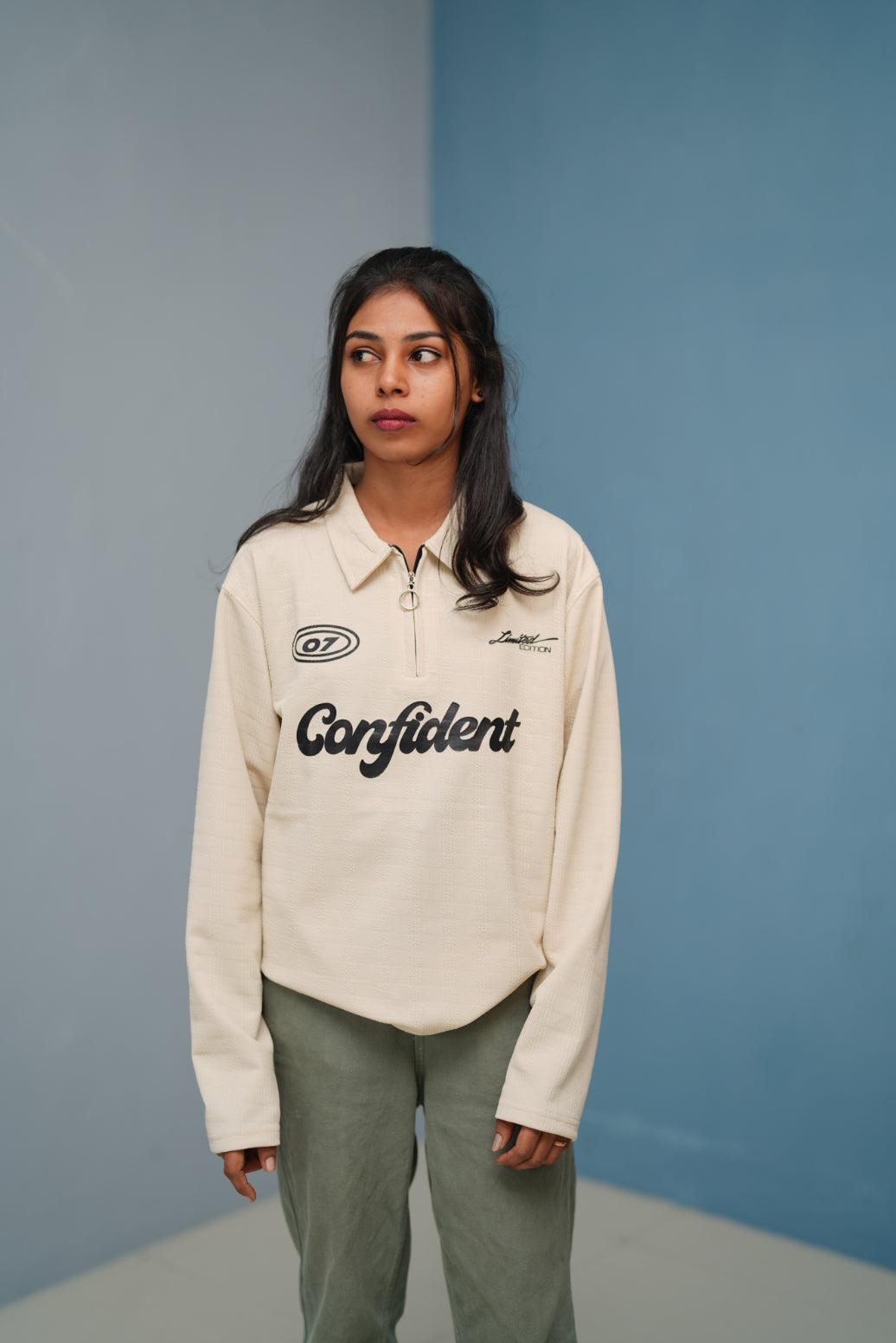 Unisex Full Sleeve Korean Zipper CONFIDENT Printed Tshirt - Sandle