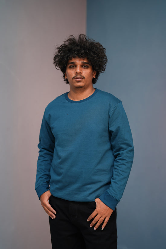 Unisex Full Sleeve round neck plain Tshirt Men & Women - Petrol Blue