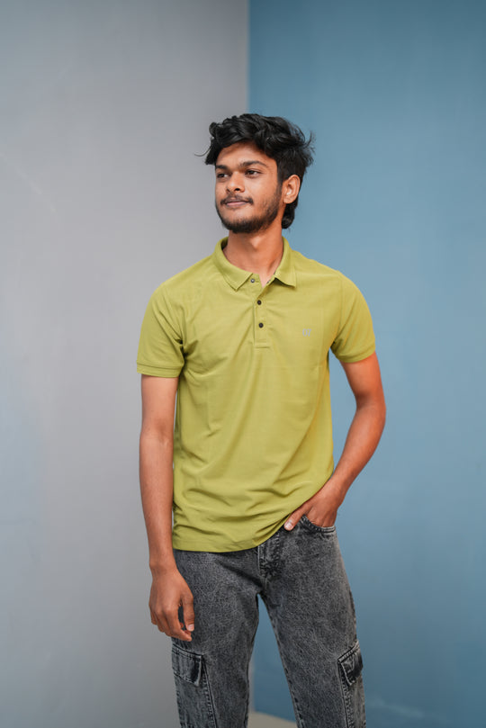 Short Sleeve Collar Neck Button Style 07 Polo Tshirt for Men - Mustard Green – 7MAN Men's Fashion India