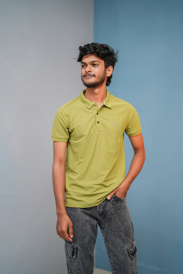 Short Sleeve Collar Neck Button Style 07 Polo Tshirt for Men - Mustard Green
