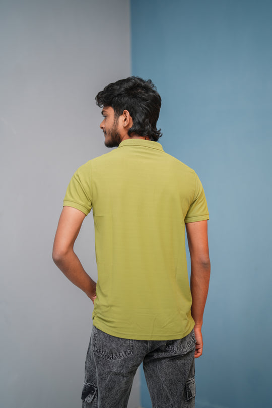 Short Sleeve Collar Neck Button Style 07 Polo Tshirt for Men - Mustard Green – alternate view – 7MAN India