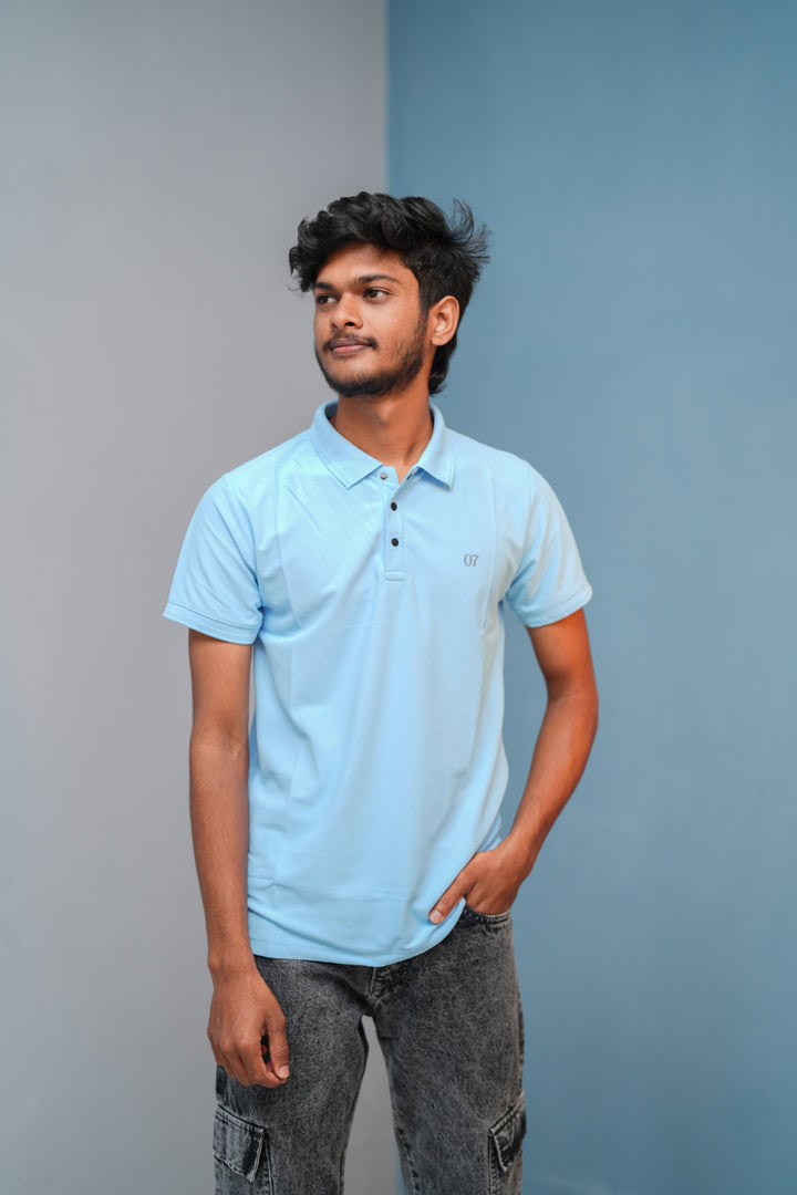 Short Sleeve Collar Neck Button Style 07 Polo Tshirt for Men  Sky Blue mens trending streetwear India 7Man