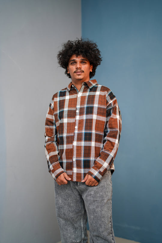 Men’s FOUR BOX Checked Full Sleeve Shirt  Trendy Casual Wear- Chocolate Brown With Dark Brown - New 15 – 7MAN Men's Fashion India