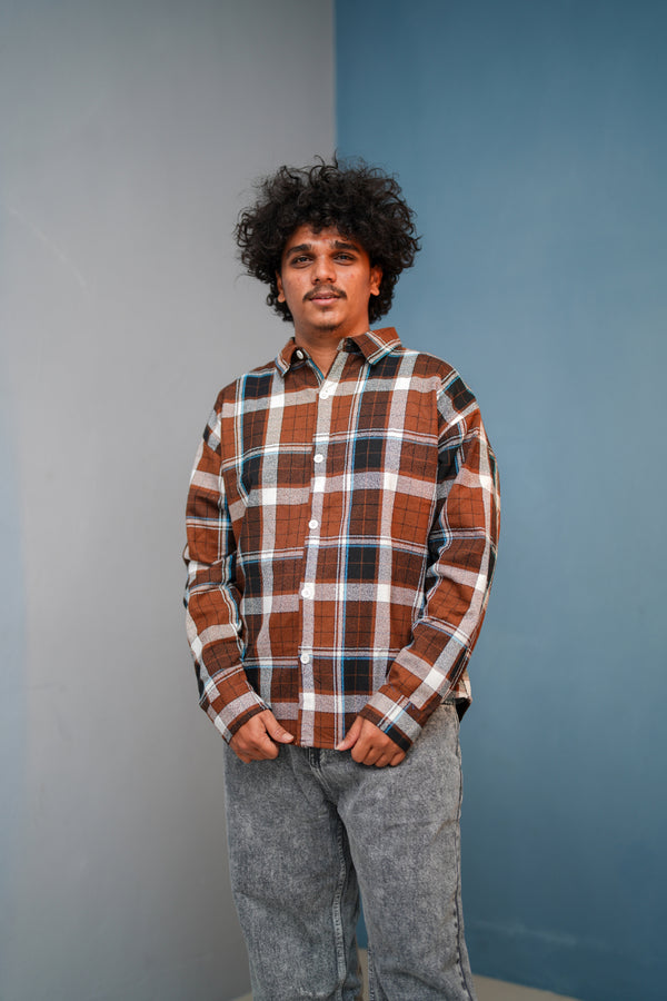 Men’s FOUR BOX Checked Full Sleeve Shirt  Trendy Casual Wear- Chocolate Brown With Dark Brown - New 15