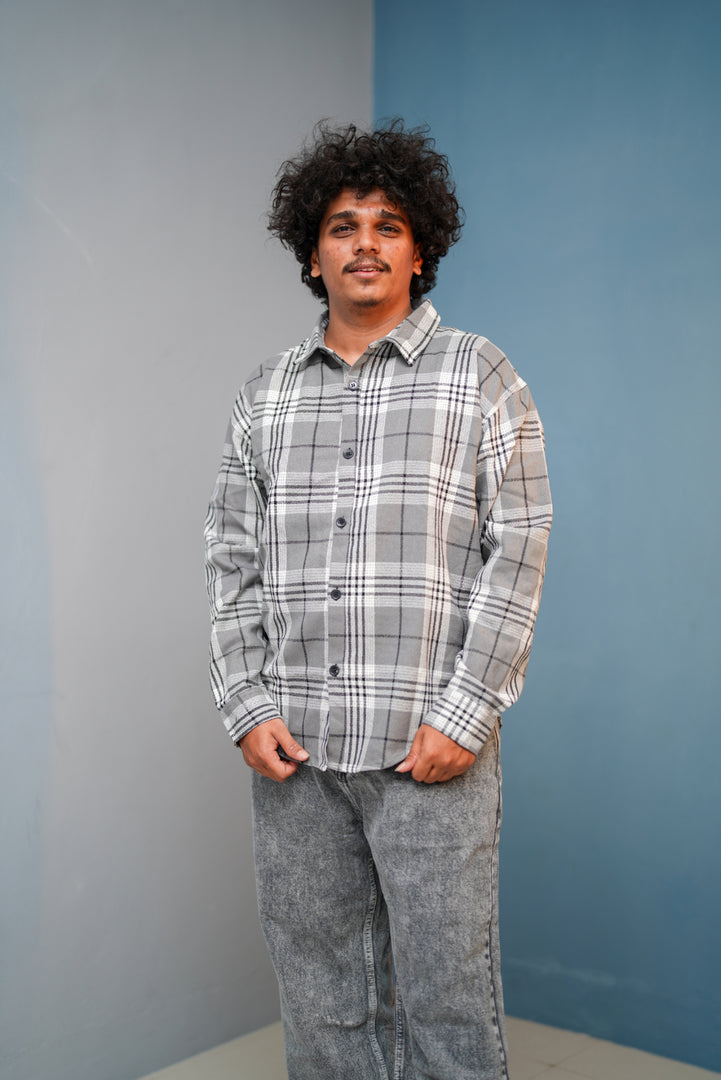 Mens BORDER Checked Full Sleeve Shirt  Trendy Casual Wear Grey mens trending streetwear India 7Man