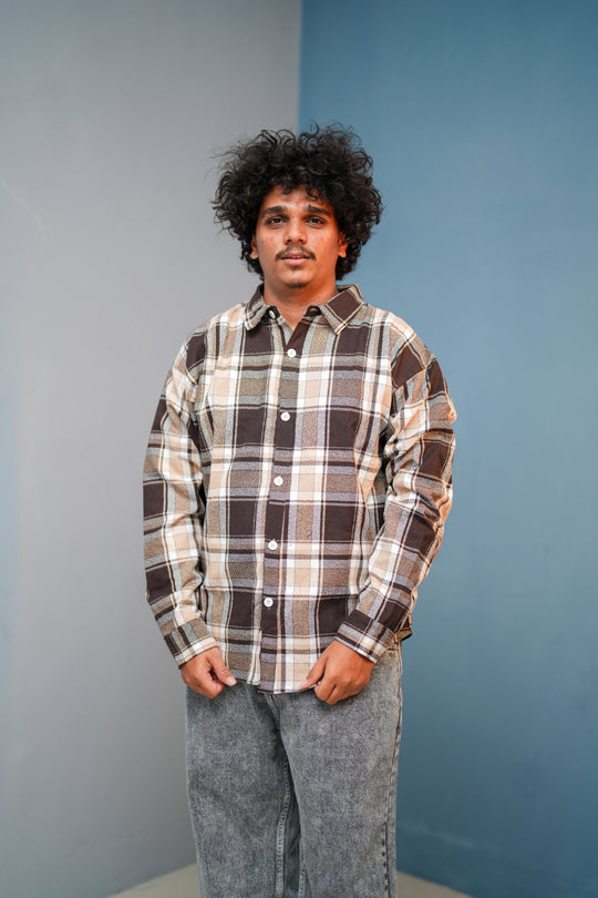 Men’s BORDER Checked Full Sleeve Shirt  Trendy Casual Wear- Chocolate Brown with Sandle new - 2 – 7MAN Men's Fashion India
