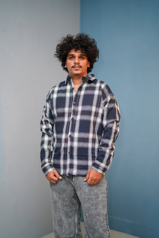 Men’s BORDER Checked Full Sleeve Shirt  Trendy Casual Wear-Navy Blue With Brown Line New -1 – 7MAN Men's Fashion India