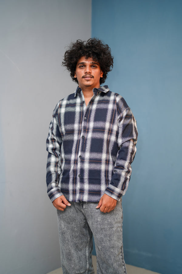 Men’s BORDER Checked Full Sleeve Shirt  Trendy Casual Wear-Navy Blue With Brown Line New -1