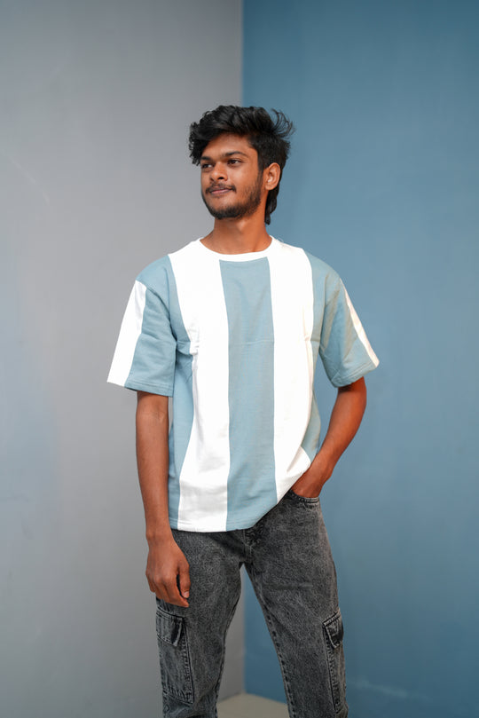 Unisex Five Sleeve Round Neck Vertical Striped Cuttens Tshirt-SKy Blue and White – 7MAN Men's Fashion India