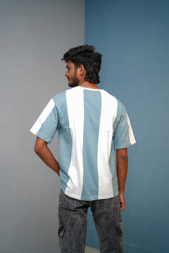 Unisex Five Sleeve Round Neck Vertical Striped Cuttens Tshirt-SKy Blue and White – alternate view – 7MAN India