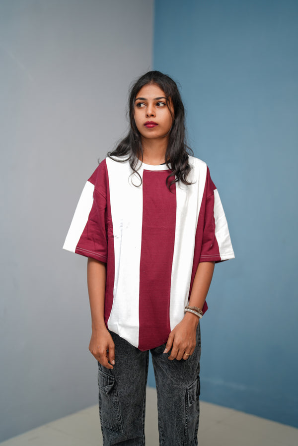 Unisex Five Sleeve Round Neck Vertical Striped Cuttens Tshirt-Maroon