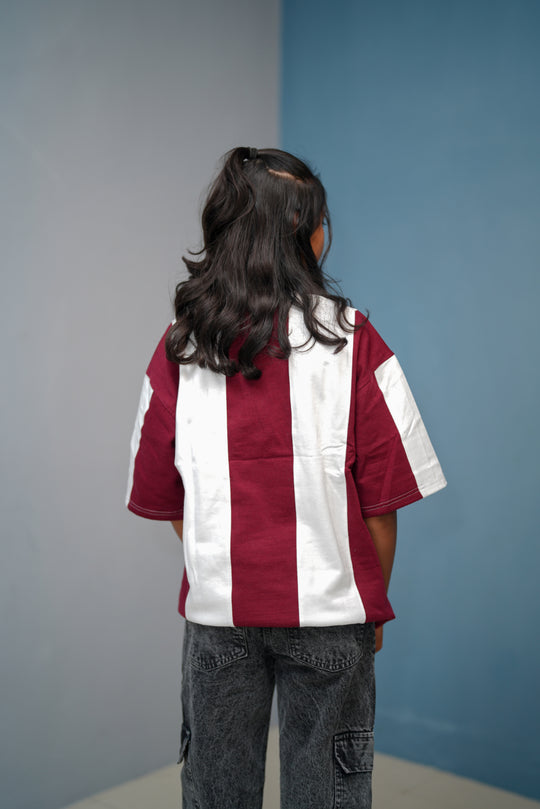 Unisex Five Sleeve Round Neck Vertical Striped Cuttens Tshirt-Maroon – alternate view – 7MAN India