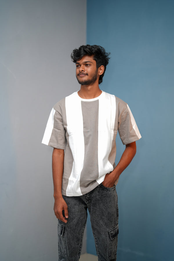 Unisex Five Sleeve Round Neck Vertical Striped Cuttens Tshirt-Ash