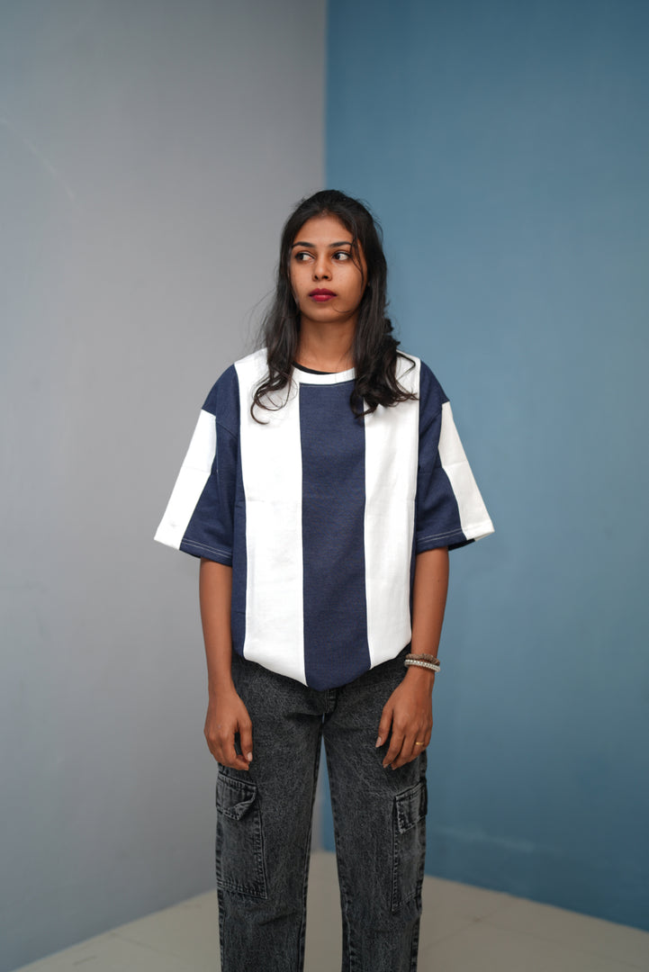 Unisex Five Sleeve Round Neck Vertical Striped Cuttens TshirtNavy Blue mens trending streetwear India 7Man