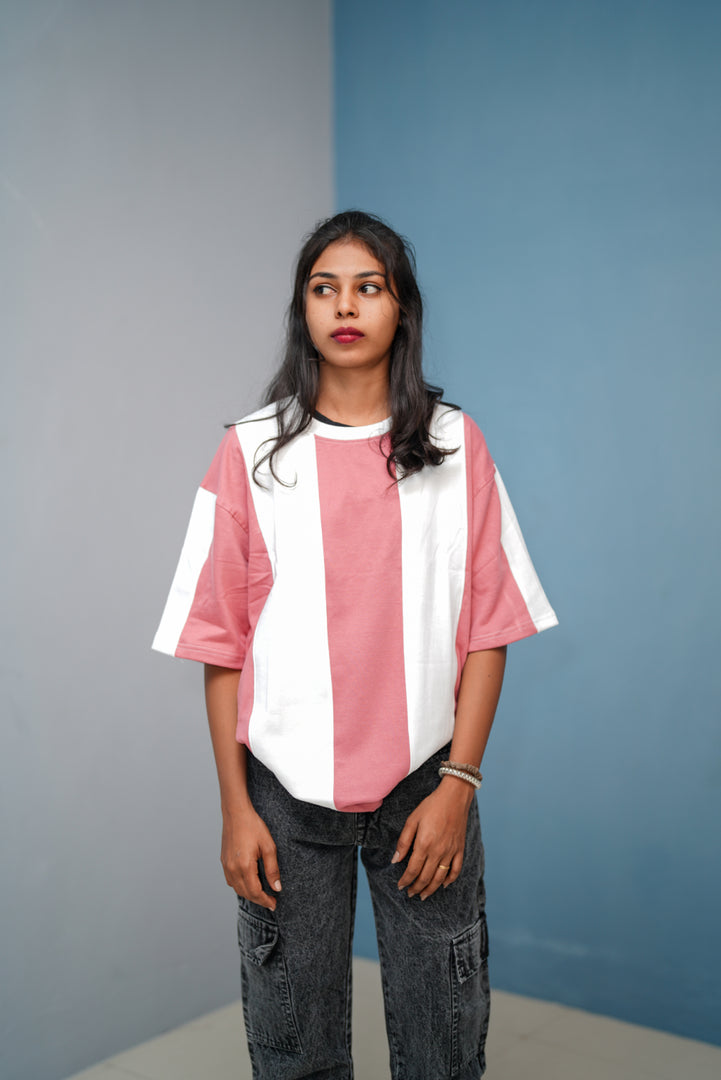 Unisex Five Sleeve Round Neck Vertical Striped Cuttens TshirtPeach mens trending streetwear India 7Man